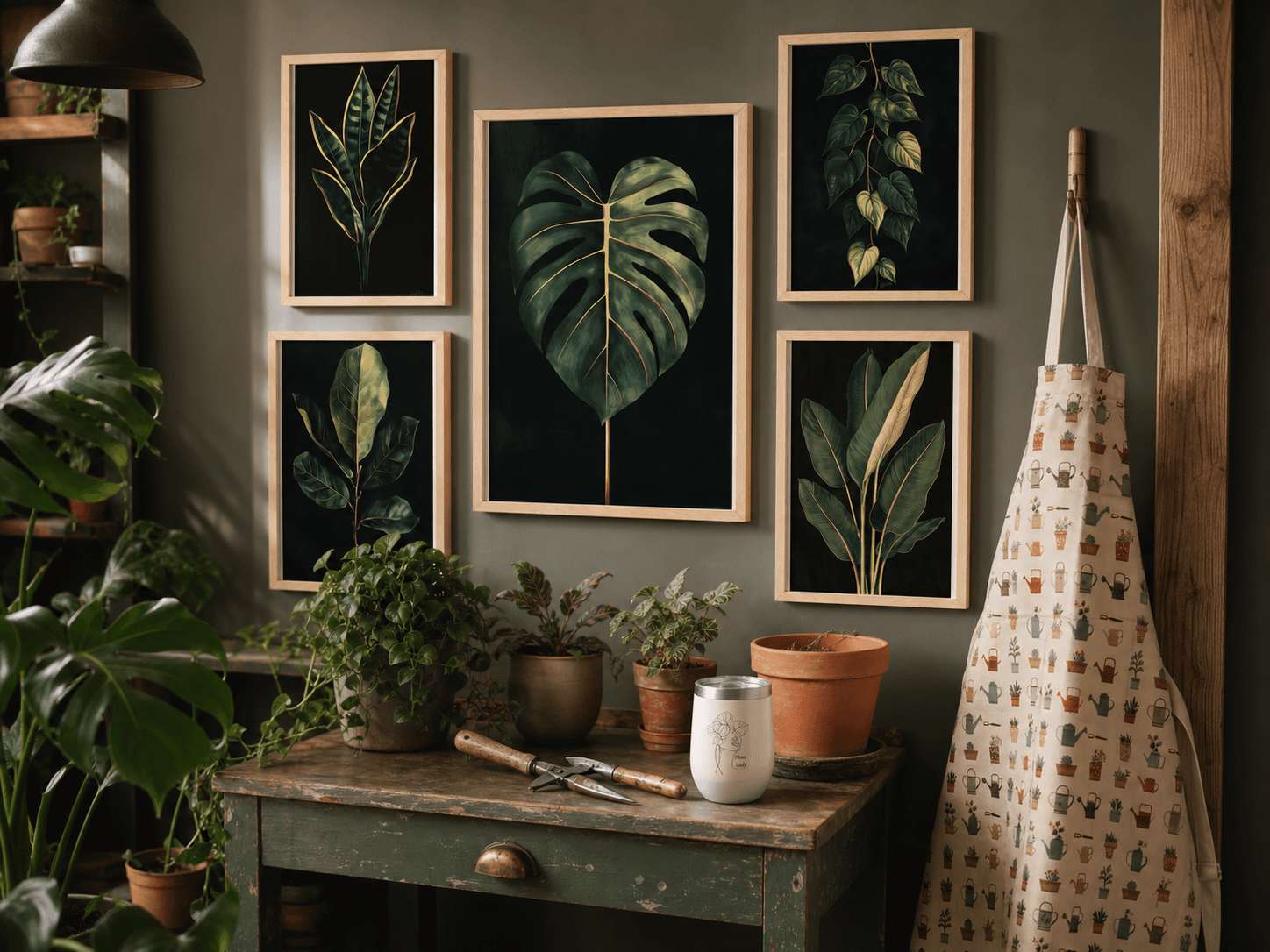 A warm plant studio with Joan's Jungle botanical prints, plant apron, and tumbler
