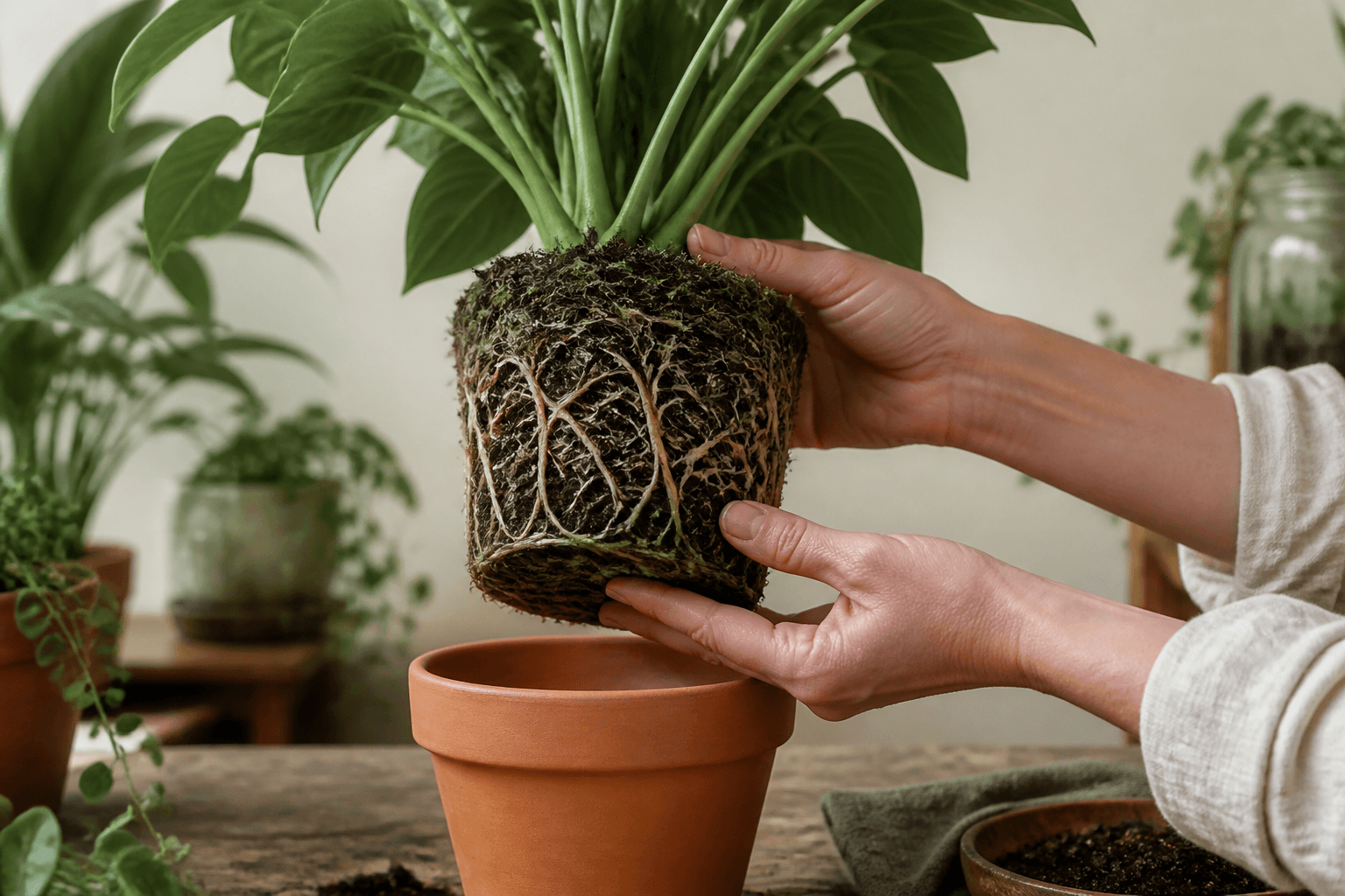 Hands holding an intact houseplant root ball above a terracotta pot for inspection.