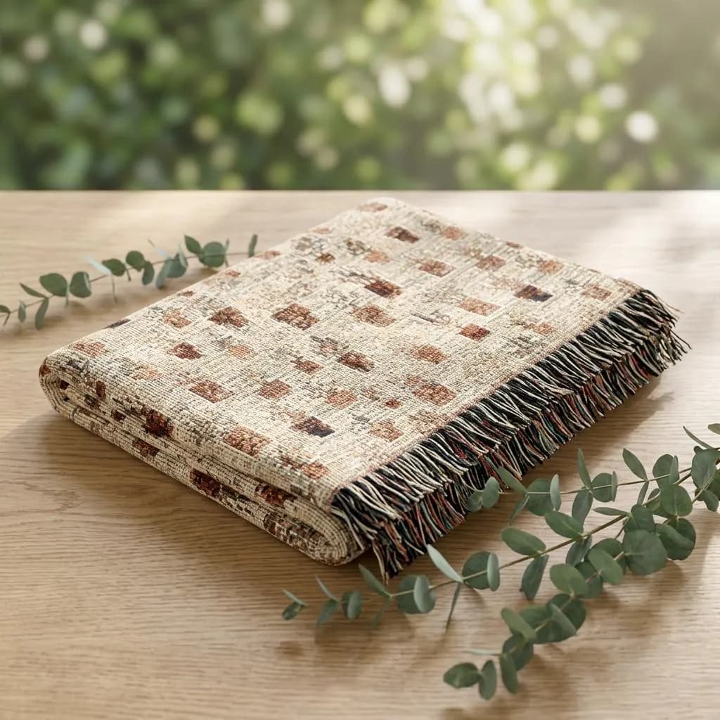Vintage Style Boho Cotton Throw  with Potted Plant Print