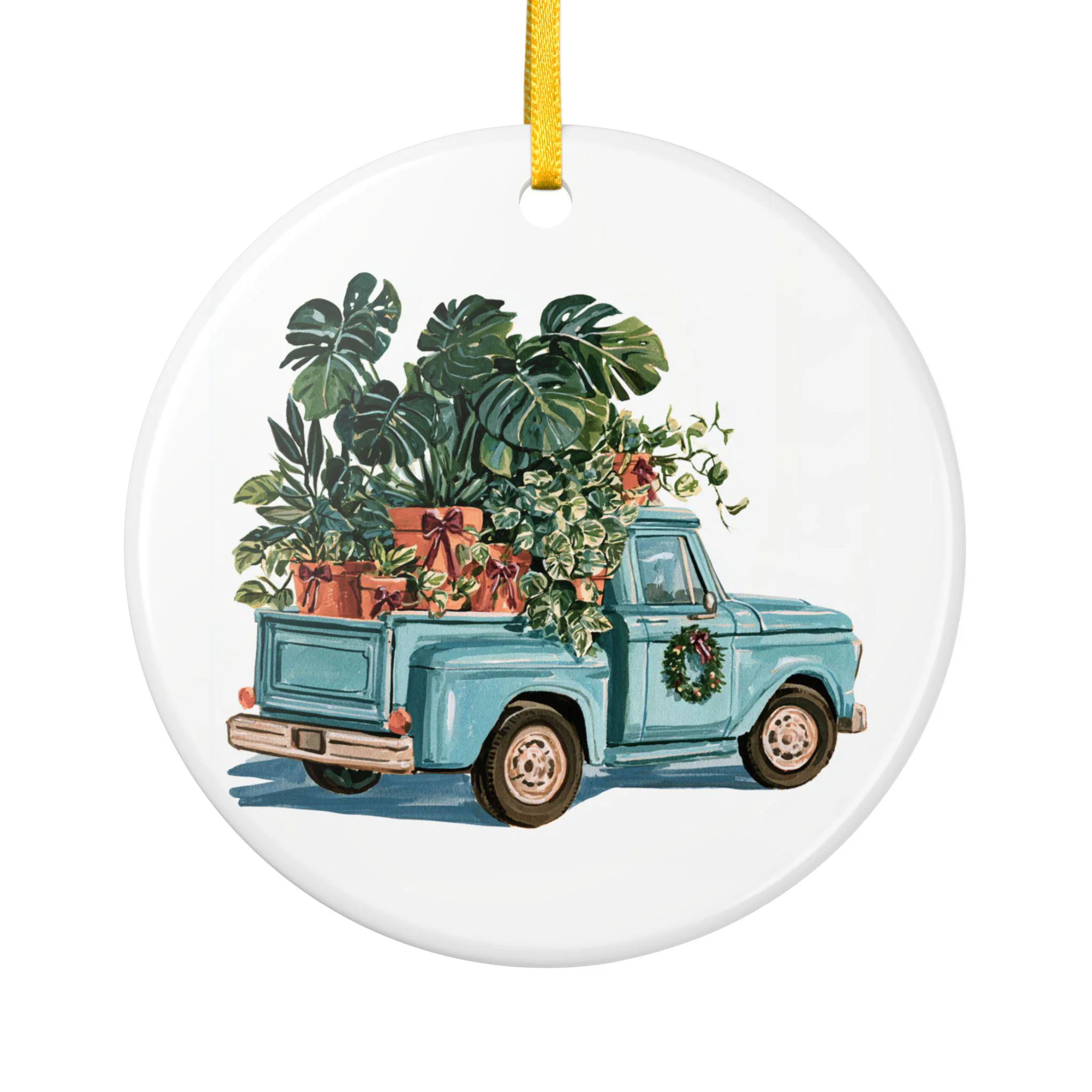 Vintage Blue Truck with Potted Plants Ceramic Ornament