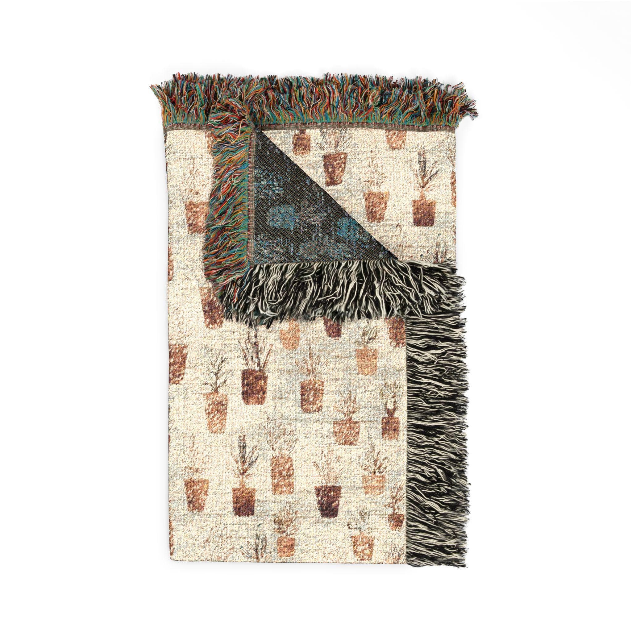 Vintage Style Boho Cotton Throw  with Potted Plant Print