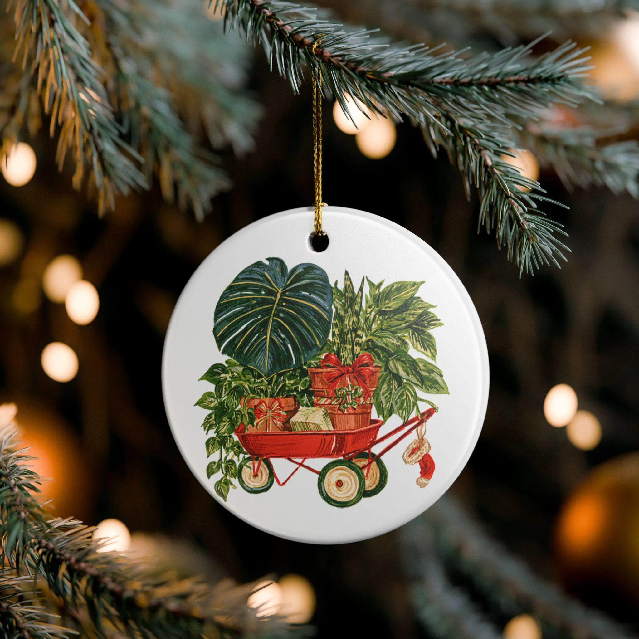 Red Wagon with Potted Plants Ornament