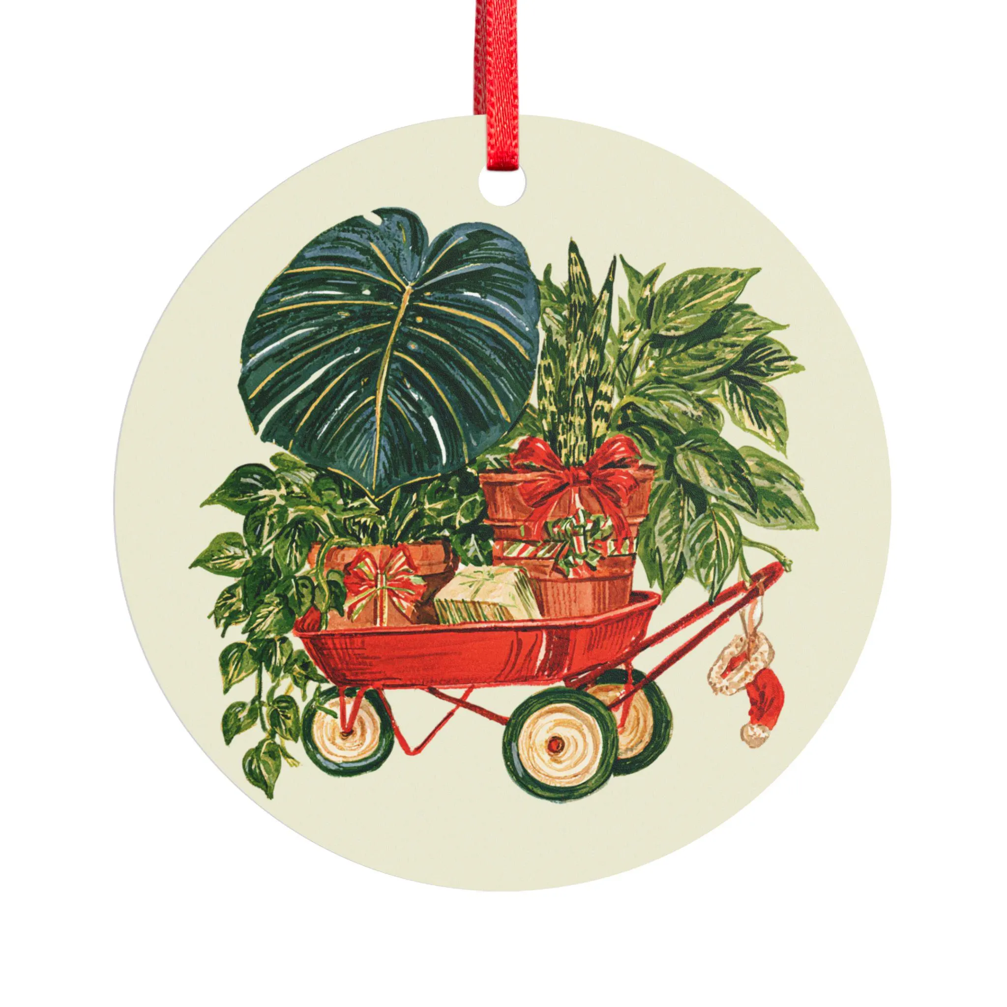 Vintage Red Wagon with Potted Plants Ornament