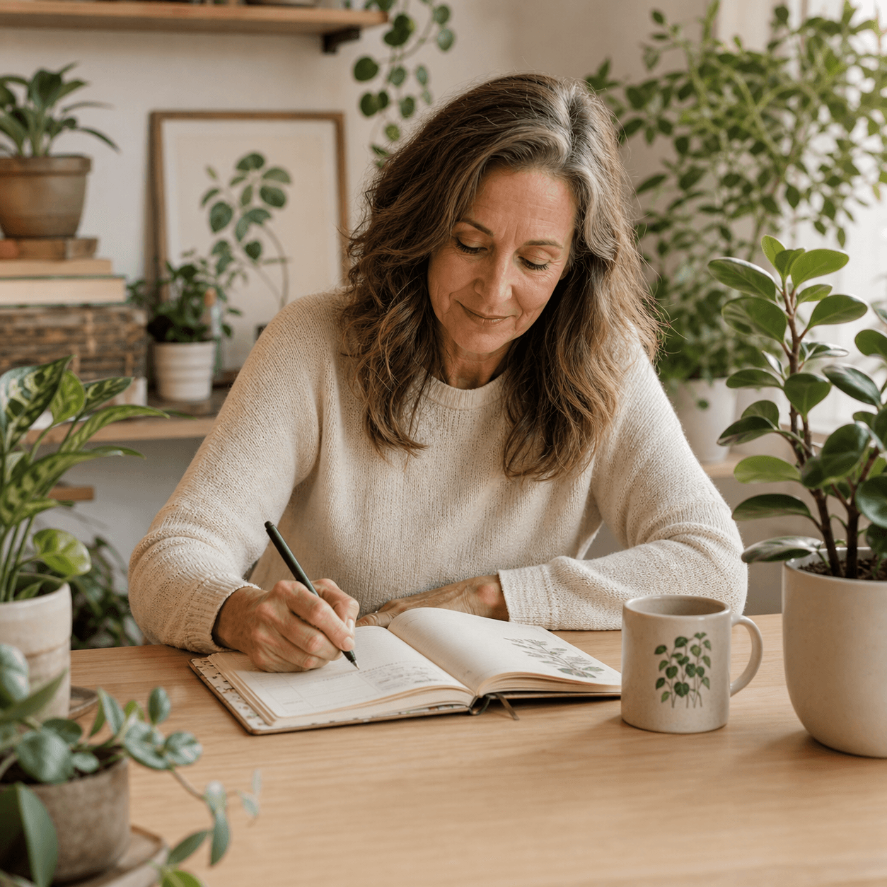 Joan writing plant observations at a table surrounded by greenery