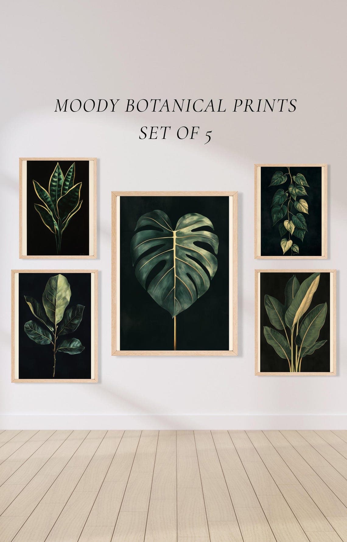 Dark Moody Botanical Print Set of 5 Gold Foliage Wall Art
