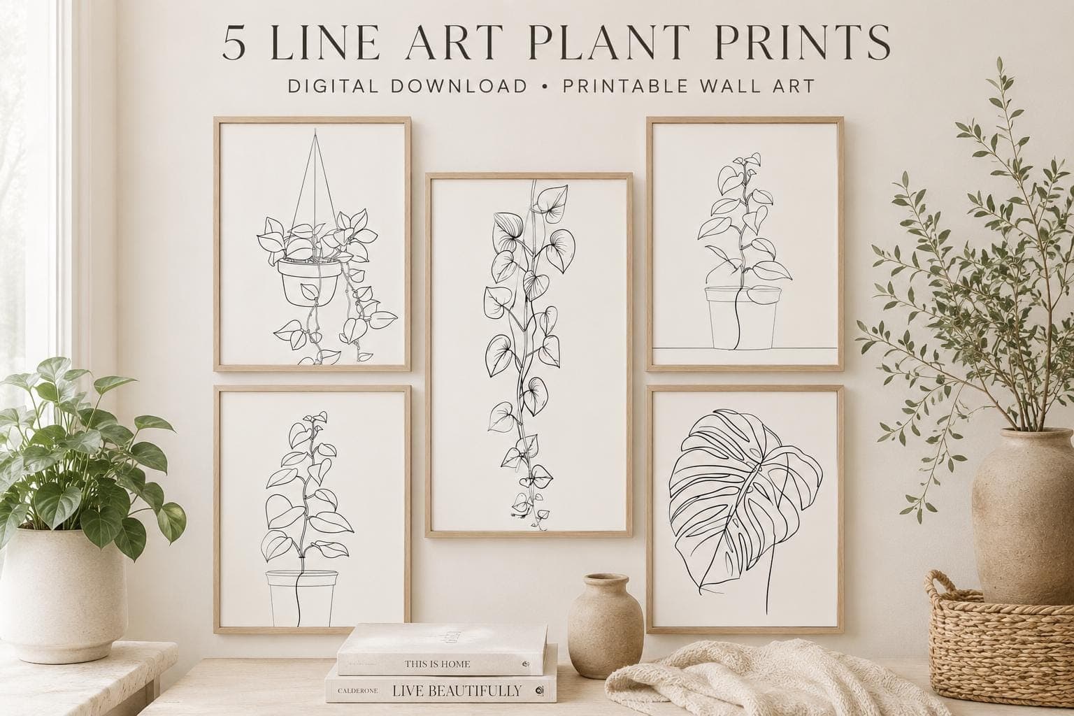 Set of 5 Botanical Line Art Prints