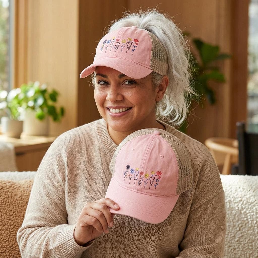 Flower Embroidered Women’s Washed Mesh-Back Cap with Pony…