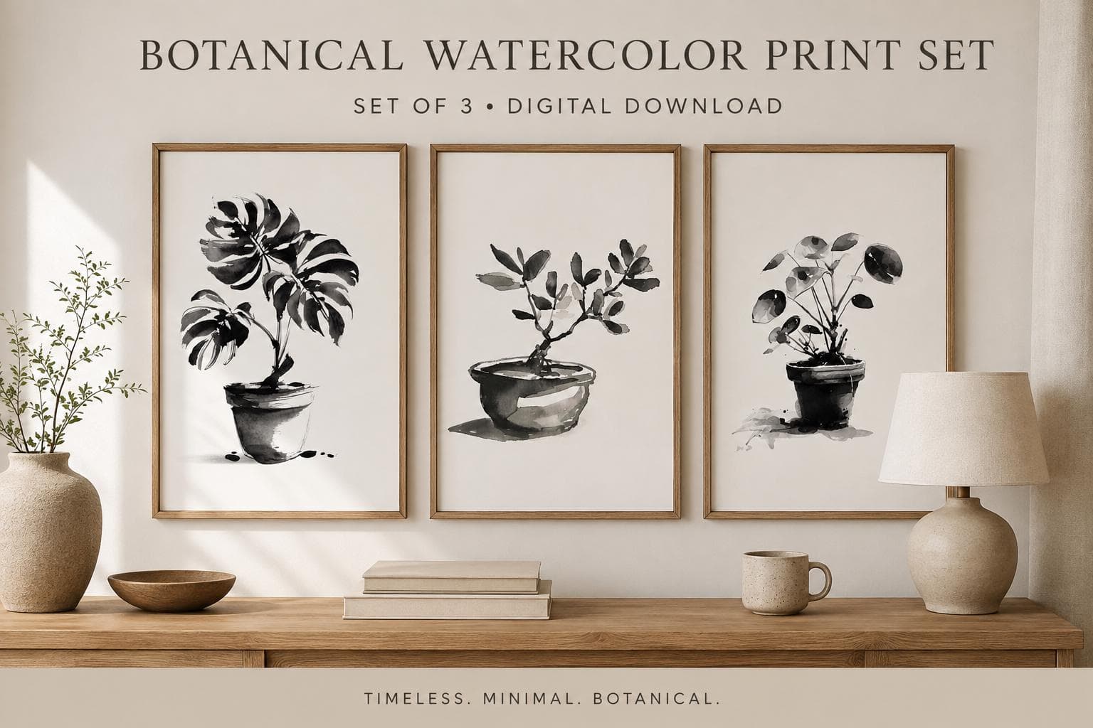 Set of 3 Black and White Botanical Prints