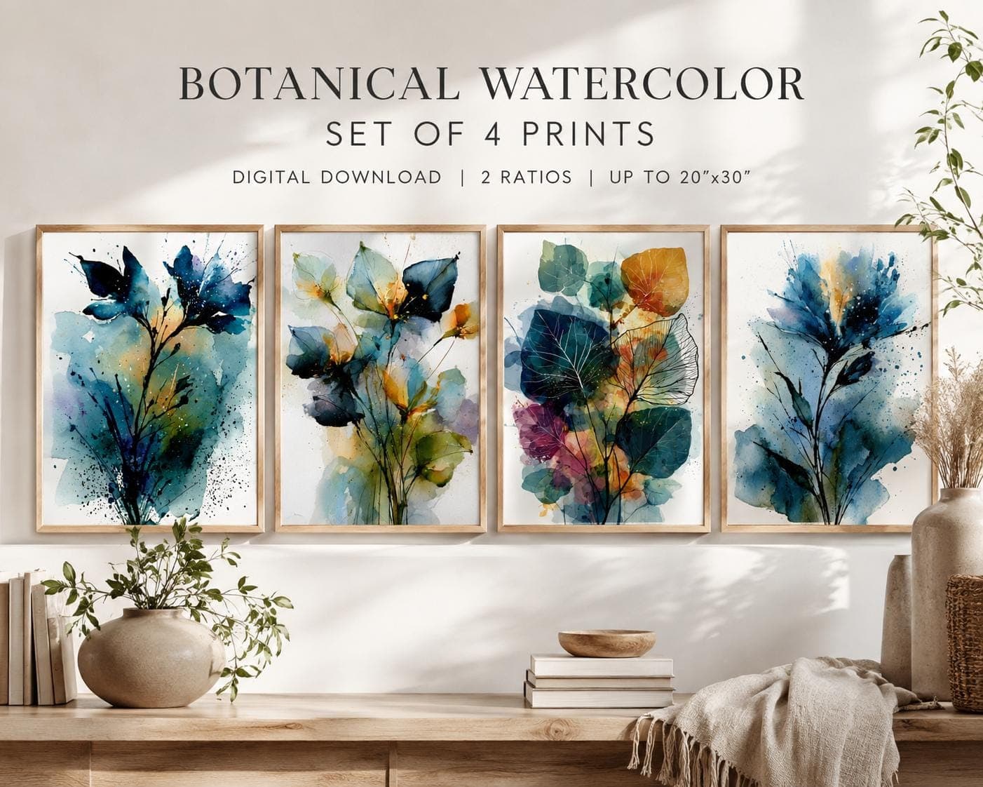 Set of 4 Abstract Watercolor Botanical Prints