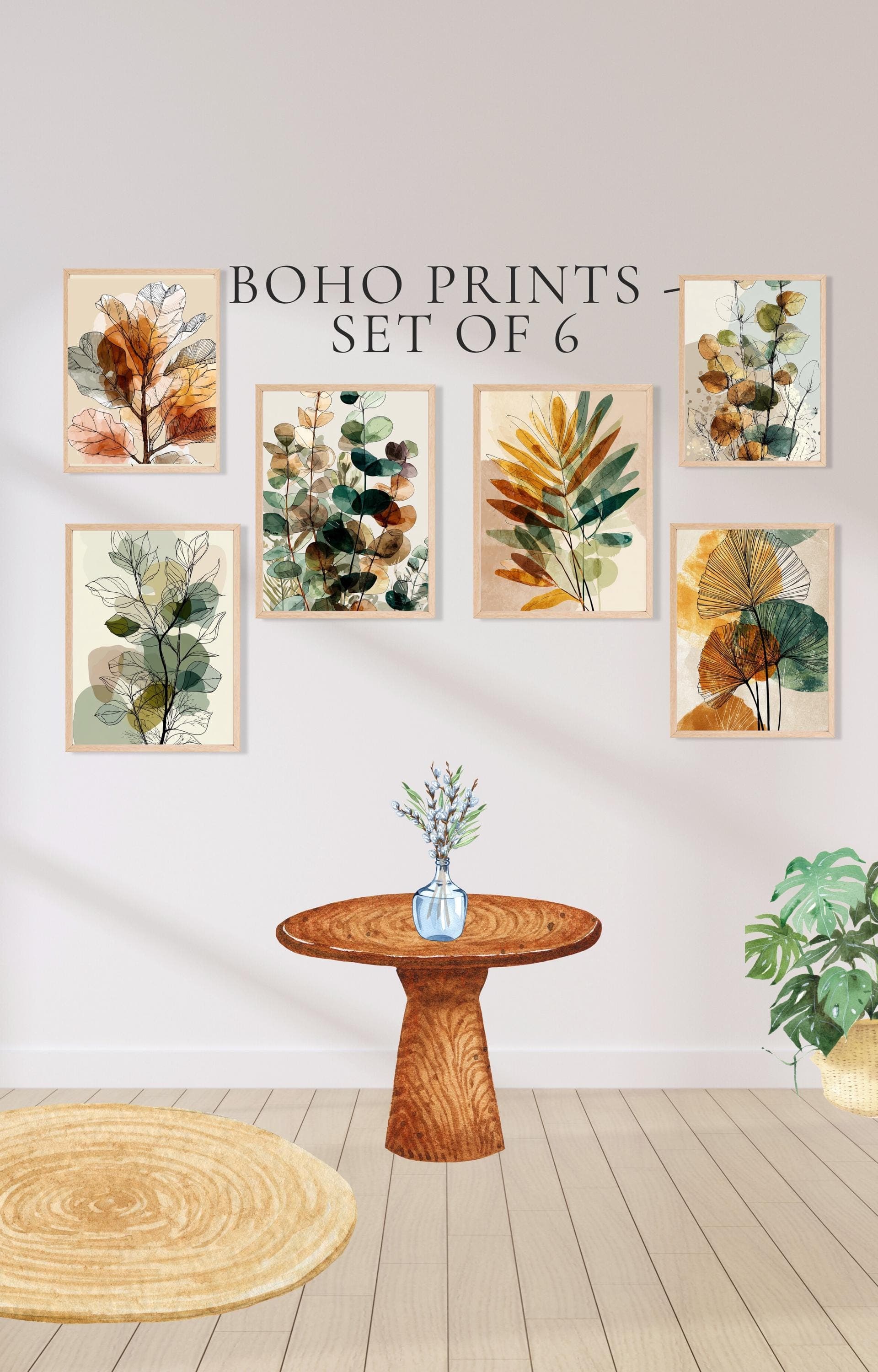 Boho Neutral Botanical Wall Art Set of 6 – Minimalist Line…